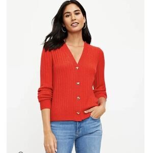 LOFT Red Ribbed Cardigan XL Heart Buttons Puff Sleeve Soft Knit NWT
